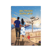 Personalized couple canvas of a man and woman walking a sunset boardwalk, with a wooden signpost showing custom names and date, plus a custom location map and GPS coordinates built into the shore — LOVECOUPLET