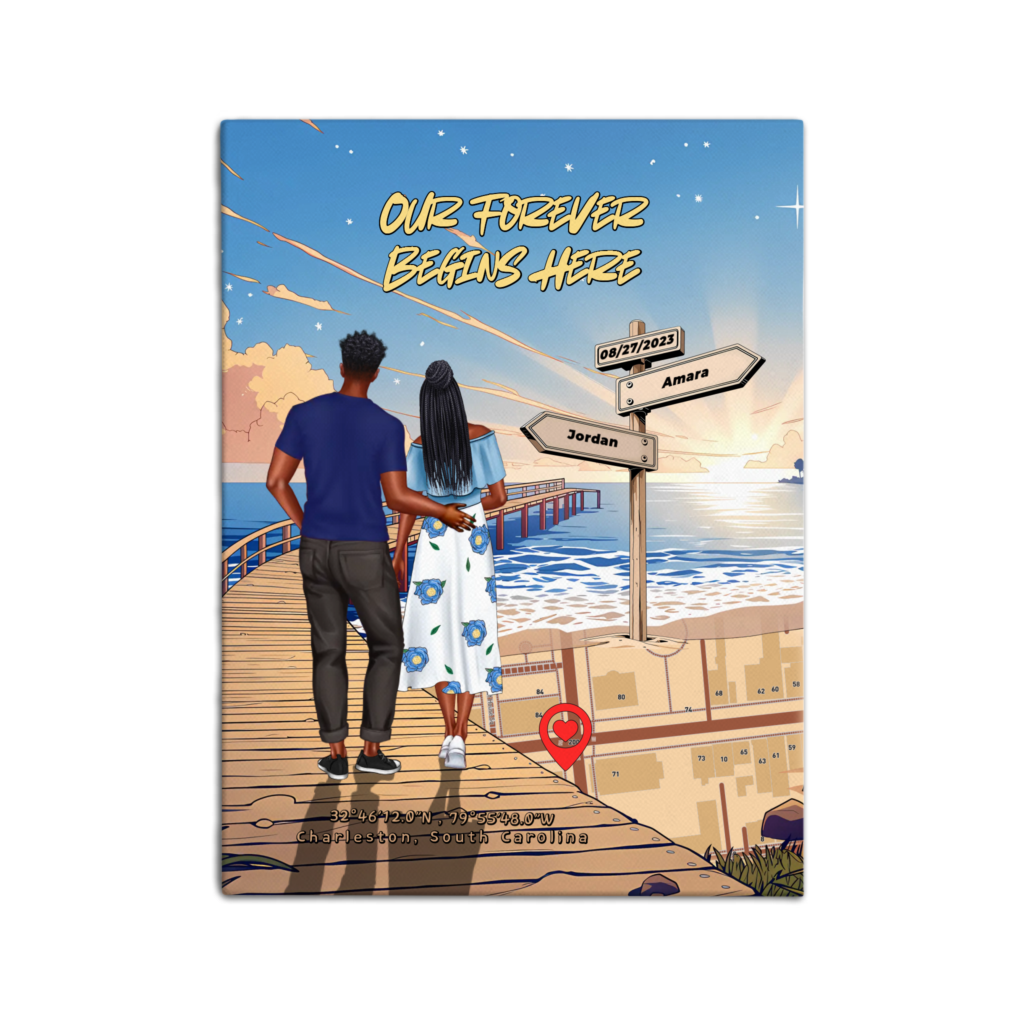 Personalized couple canvas of a man and woman walking a sunset boardwalk, with a wooden signpost showing custom names and date, plus a custom location map and GPS coordinates built into the shore — LOVECOUPLET