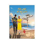 Personalized couple canvas of a man and woman walking a sunset boardwalk, with a wooden signpost showing custom names and date, plus a custom location map and GPS coordinates built into the shore — LOVECOUPLET