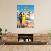 Personalized couple canvas of a man and woman walking a sunset boardwalk, with a wooden signpost showing custom names and date, plus a custom location map and GPS coordinates built into the shore — LOVECOUPLET