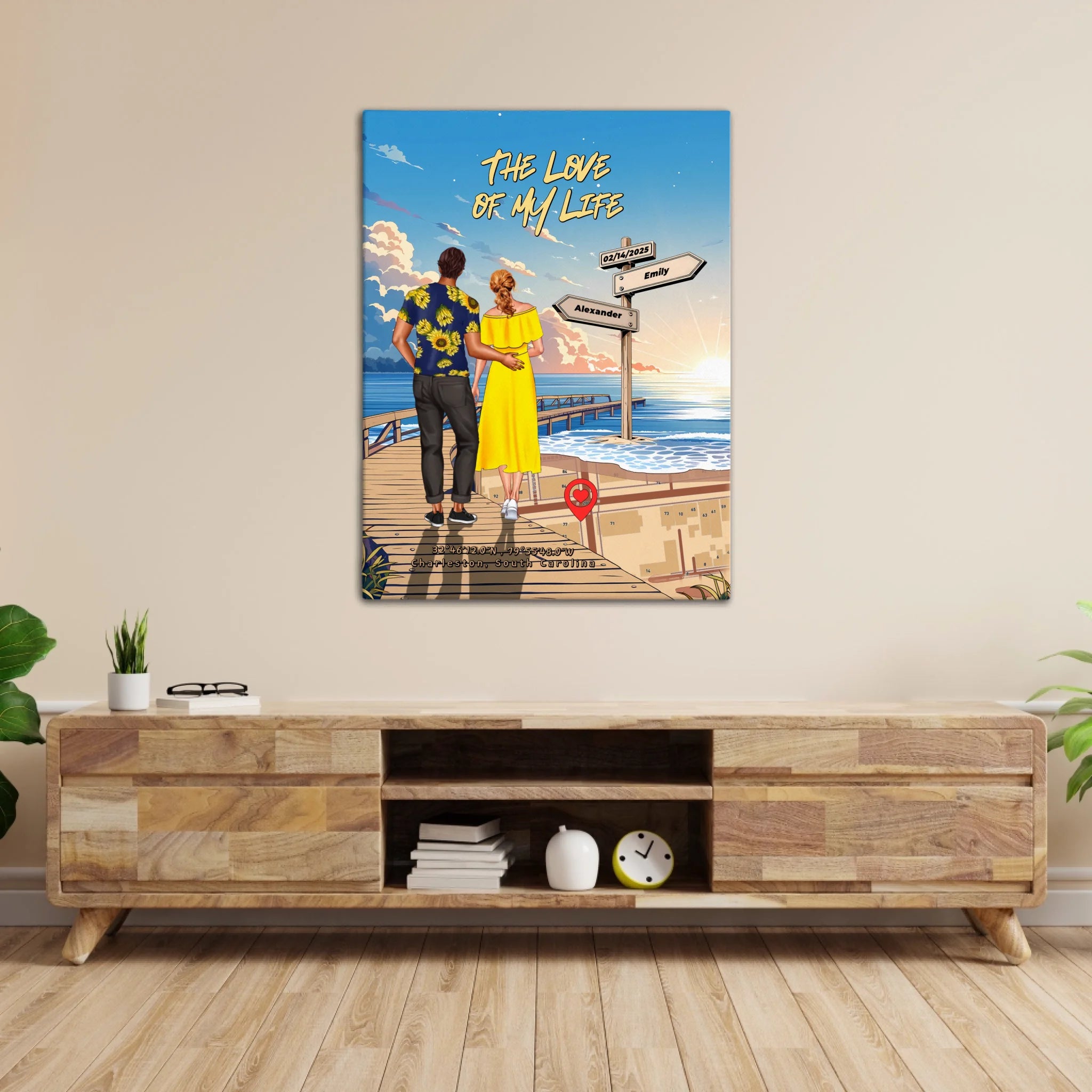 Personalized couple canvas of a man and woman walking a sunset boardwalk, with a wooden signpost showing custom names and date, plus a custom location map and GPS coordinates built into the shore — LOVECOUPLET