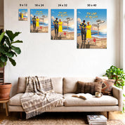 Personalized couple canvas of a man and woman walking a sunset boardwalk, with a wooden signpost showing custom names and date, plus a custom location map and GPS coordinates built into the shore — LOVECOUPLET