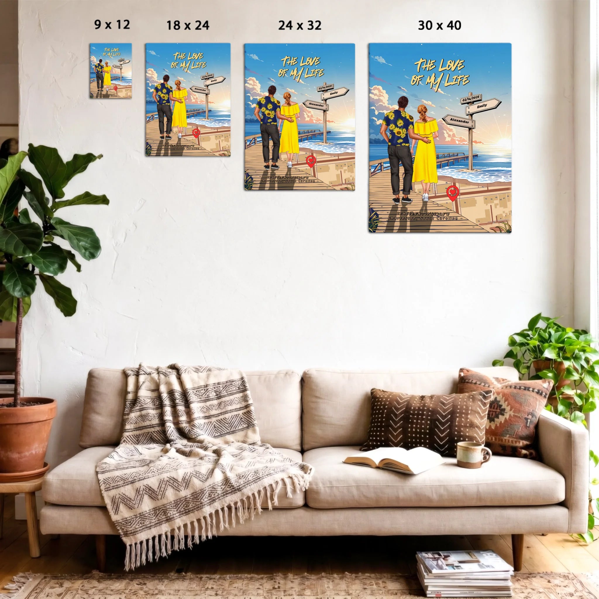 Personalized couple canvas of a man and woman walking a sunset boardwalk, with a wooden signpost showing custom names and date, plus a custom location map and GPS coordinates built into the shore — LOVECOUPLET