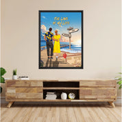 Personalized couple Framed canvas of a man and woman walking a sunset boardwalk, with a wooden signpost showing custom names and date, plus a custom location map and GPS coordinates built into the shore — LOVECOUPLET