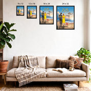 Personalized couple Framed canvas of a man and woman walking a sunset boardwalk, with a wooden signpost showing custom names and date, plus a custom location map and GPS coordinates built into the shore — LOVECOUPLET