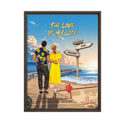 Personalized couple Framed canvas of a man and woman walking a sunset boardwalk, with a wooden signpost showing custom names and date, plus a custom location map and GPS coordinates built into the shore — LOVECOUPLET