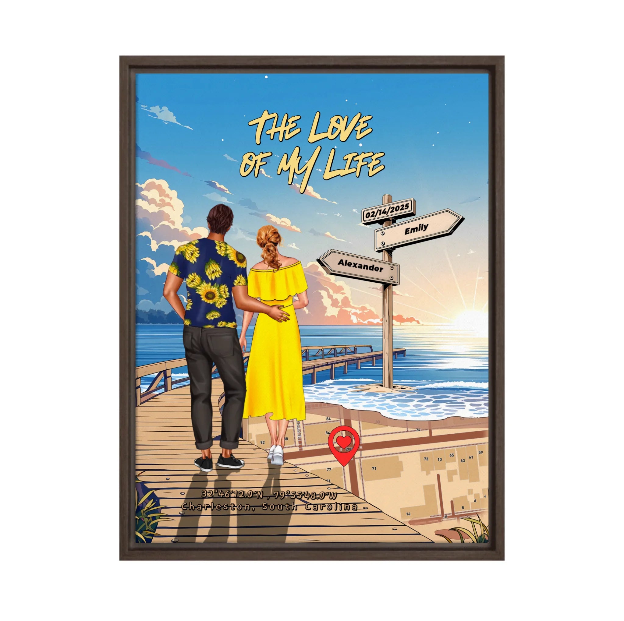 Personalized couple Framed canvas of a man and woman walking a sunset boardwalk, with a wooden signpost showing custom names and date, plus a custom location map and GPS coordinates built into the shore — LOVECOUPLET