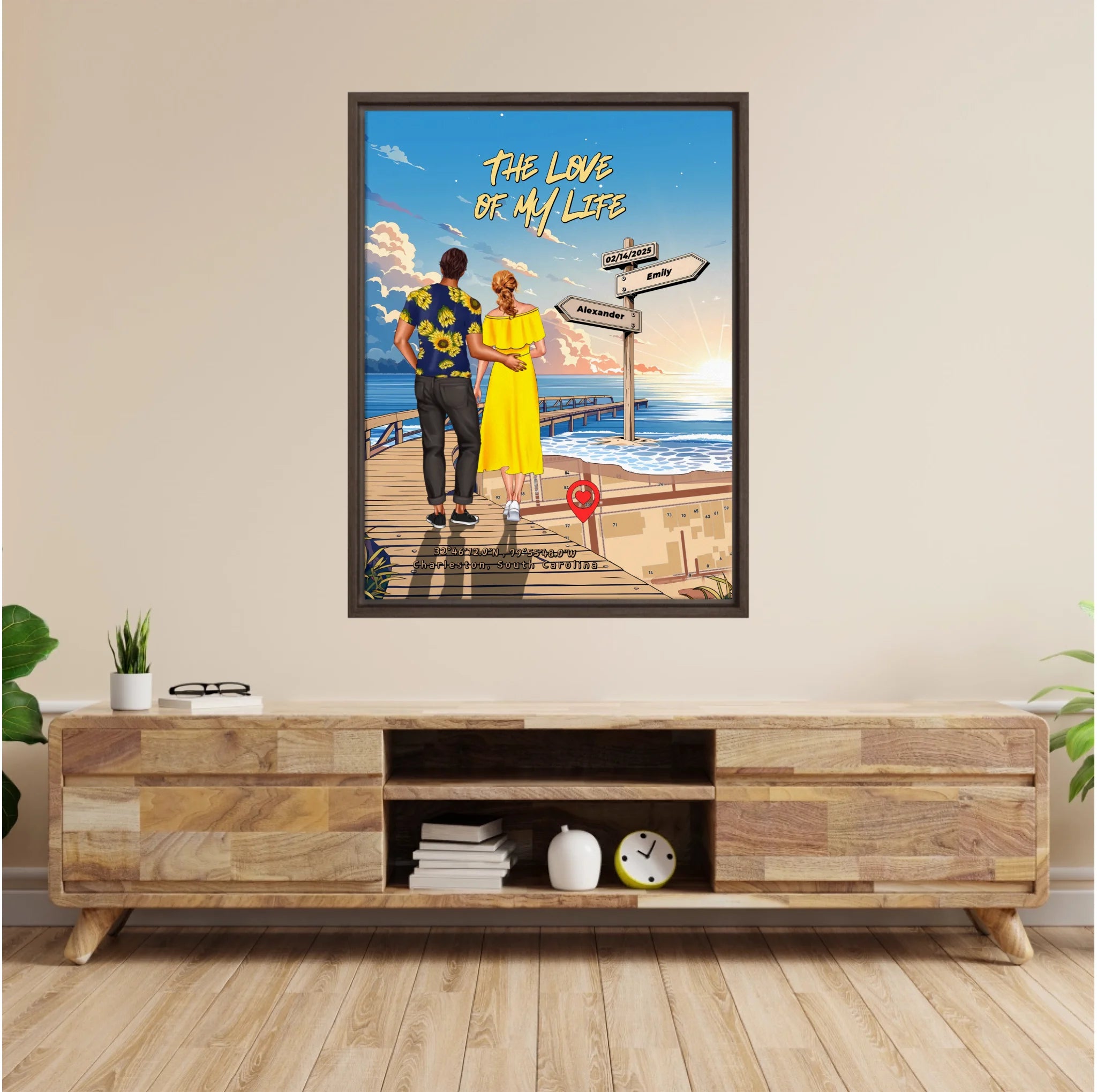 Personalized couple Framed canvas of a man and woman walking a sunset boardwalk, with a wooden signpost showing custom names and date, plus a custom location map and GPS coordinates built into the shore — LOVECOUPLET