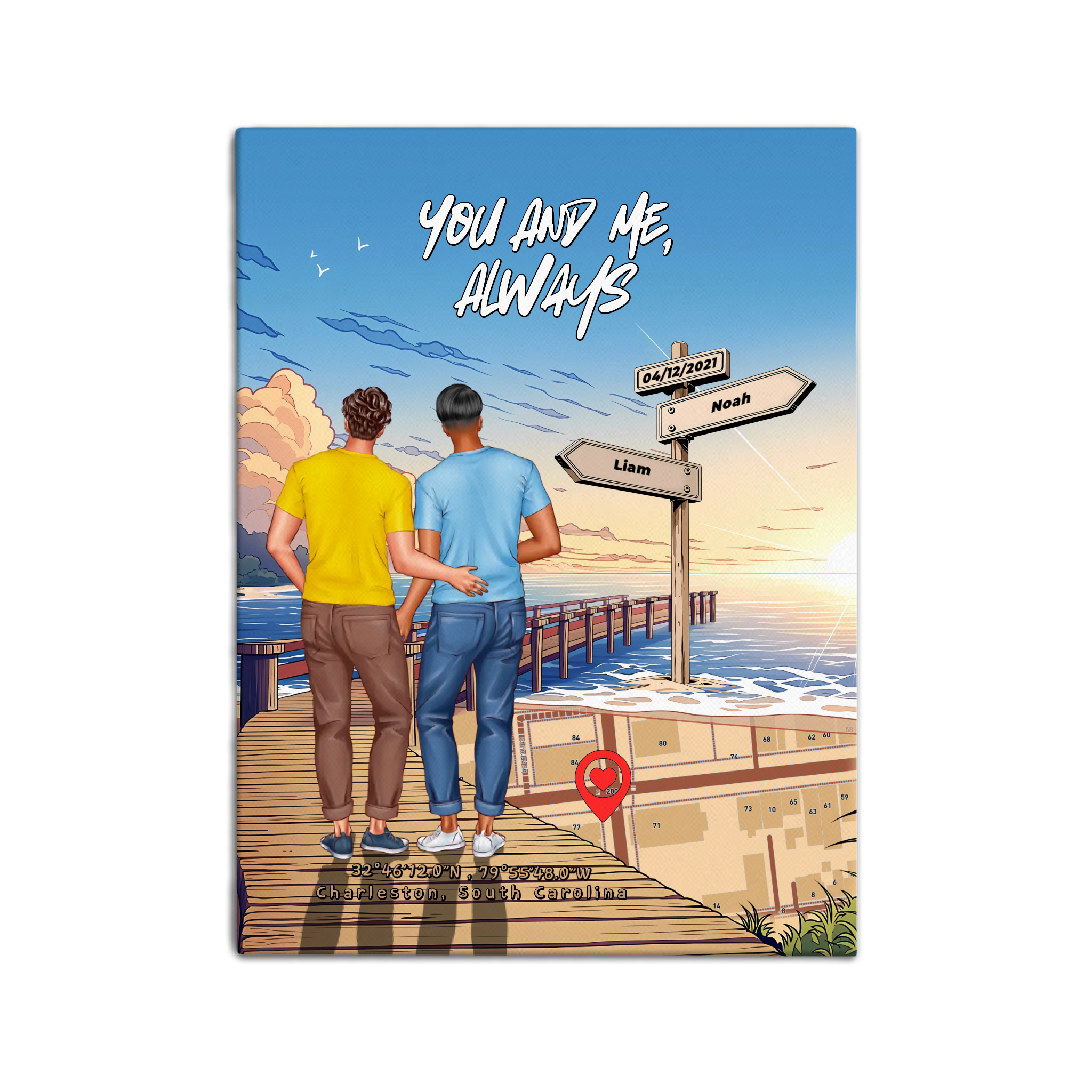 Personalized gay couple canvas of two men walking a sunset boardwalk, with a wooden signpost showing custom names and date, plus a custom location map and GPS coordinates built into the shore — LOVECOUPLET