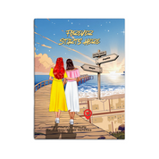 Personalized lesbian couple canvas of two women walking a sunset boardwalk, with a wooden signpost showing custom names and date, plus a custom location map and GPS coordinates built into the shore — LOVECOUPLET