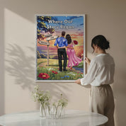 Where Our Story Began personalized couple canvas of two people standing together at sunset with a custom title above them, names and date on a wooden signpost, and personalized characters — LOVECOUPLET