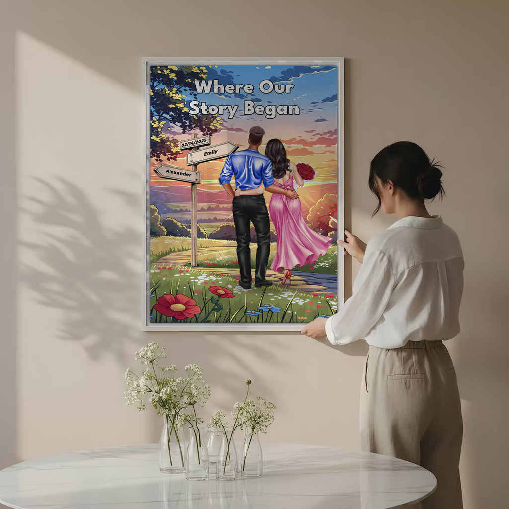 Where Our Story Began personalized couple canvas of two people standing together at sunset with a custom title above them, names and date on a wooden signpost, and personalized characters — LOVECOUPLET