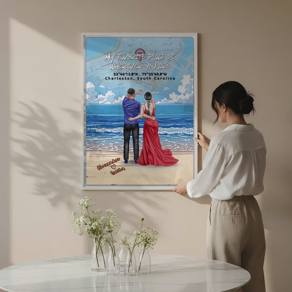 Personalized couple canvas of a couple at the shoreline, with a custom city map set into the sky behind the clouds, GPS coordinates, city name, and handwritten names at the bottom — LOVECOUPLET