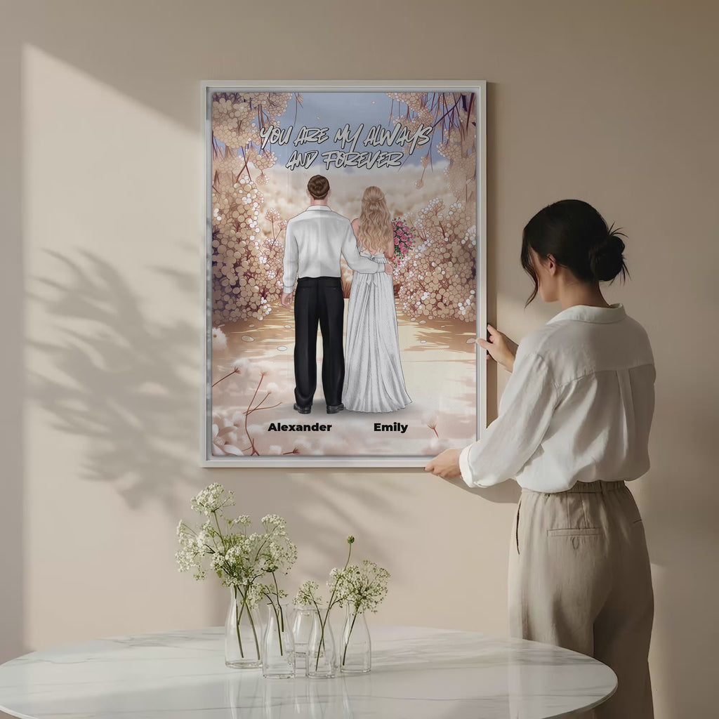 Always and Forever personalized wedding couple canvas of two people standing together in a romantic floral garden scene, with a custom quote above them and their names displayed at the bottom — LOVECOUPLET