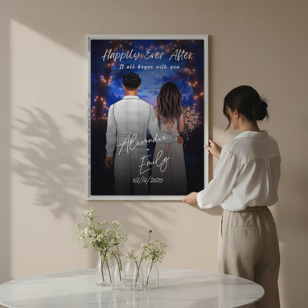 Happily Ever After personalized wedding couple canvas of two people standing together under glowing string lights at night, with a custom title, subtitle, handwritten names, wedding date, and personalized characters — LOVECOUPLET