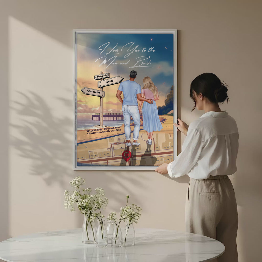 Personalized couple canvas of a man and woman walking a coastal path at sunset, with a wooden signpost showing custom names and date, plus a custom location map and GPS coordinates built into the path — LOVECOUPLET