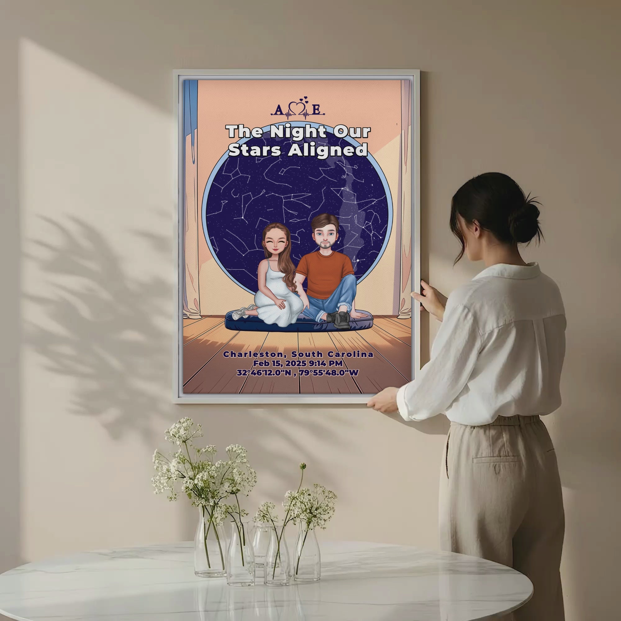 The Night Our Stars Aligned — Personalized Couple Portrait Canvas with Custom Star Map