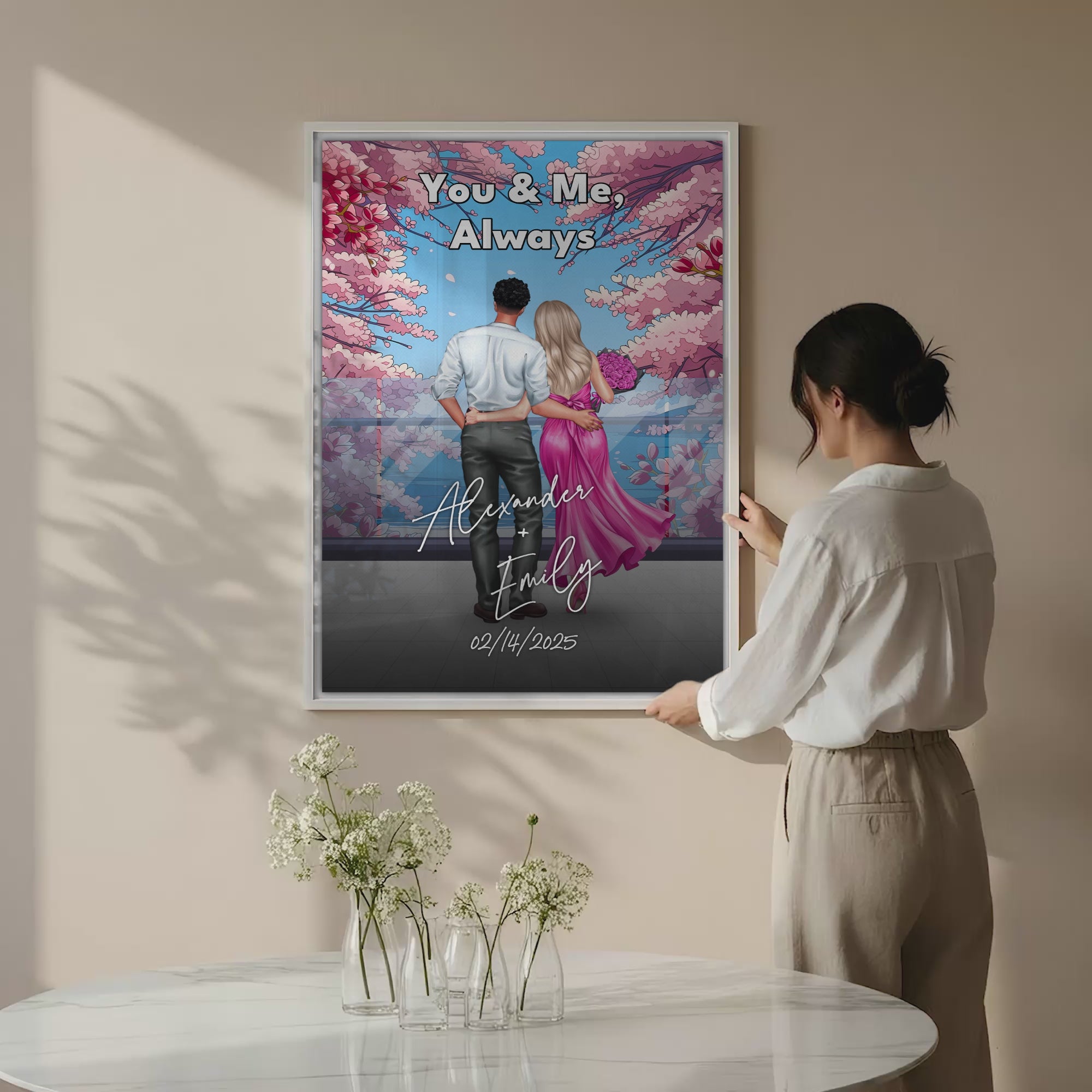 You & Me Always personalized couple canvas of two people standing together beneath blooming pink flowers, with a custom title, handwritten names, date, and personalized characters — LOVECOUPLET