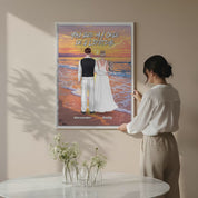 Once in a Lifetime personalized wedding couple canvas of two people standing together on a golden beach at sunset, with a custom romantic quote above them, names displayed at the bottom, and personalized wedding characters — LOVECOUPLET