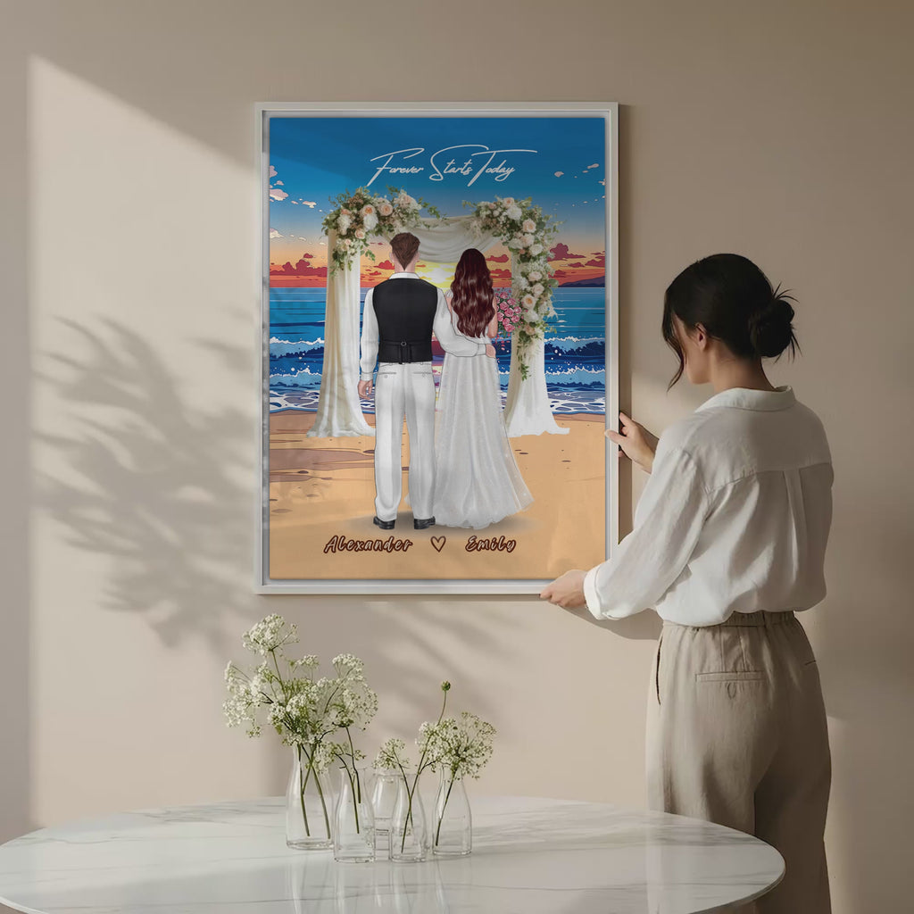 Forever Starts Today personalized wedding couple canvas of two people standing beneath a floral beach ceremony arch at sunset, with a custom quote above them and their names displayed at the bottom — LOVECOUPLET