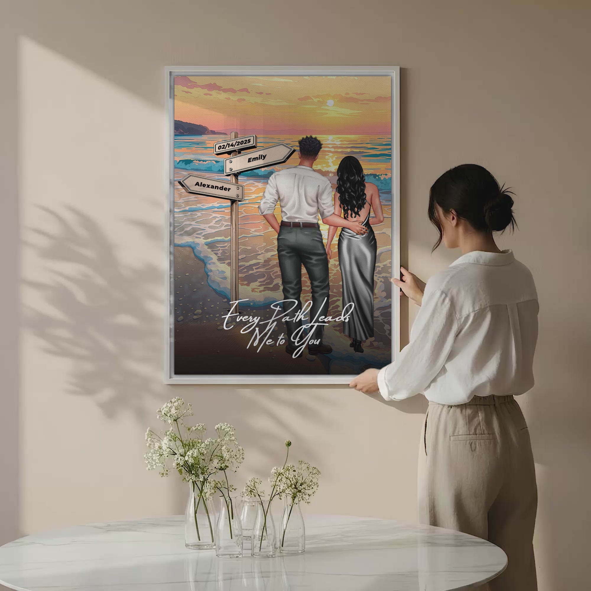 Every Path Leads Me to You personalized couple canvas of two people standing together on a beach at sunset, with custom names and date on a wooden signpost, a custom romantic quote below, and personalized characters — LOVECOUPLET
