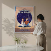 Personalized couple portrait canvas of two front-facing people sitting together indoors beneath a custom star map, with customizable facial features, adult and senior couple options, and optional location name, date, and GPS coordinates — LOVECOUPLET