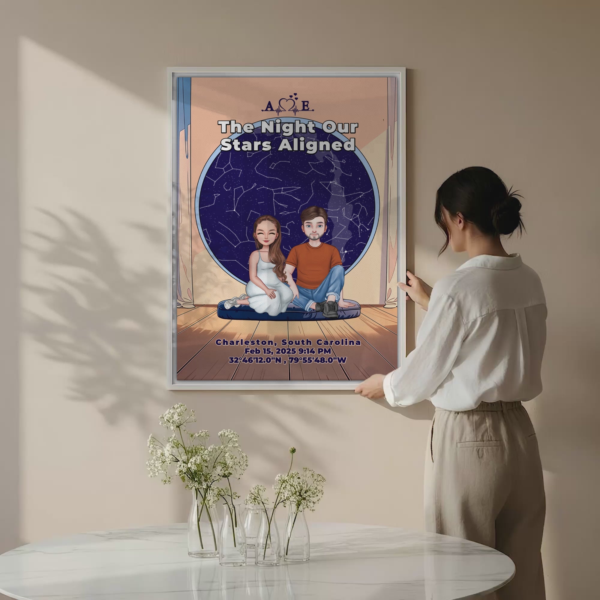 Personalized couple portrait canvas of two front-facing people sitting together indoors beneath a custom star map, with customizable facial features, adult and senior couple options, and optional location name, date, and GPS coordinates — LOVECOUPLET