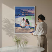 Personalized couple canvas of a couple sitting at a cliff edge overlooking a custom city street map at sunset, with a heartbeat monogram of their initials, GPS coordinates, and city name — LOVECOUPLET