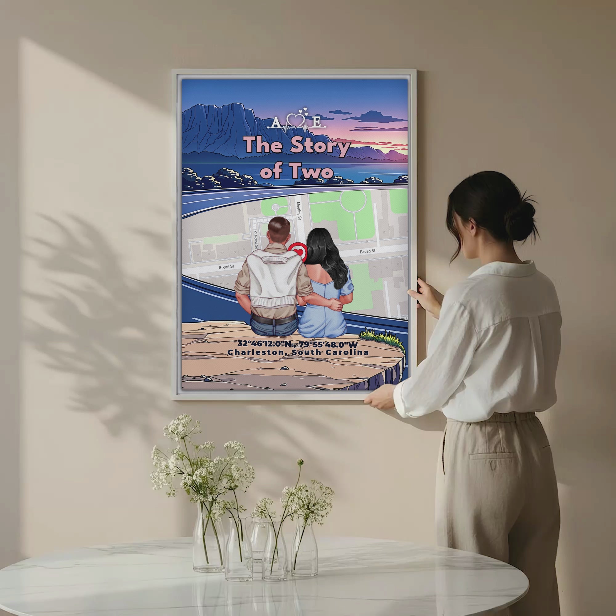 The Story of Two — Personalized Couple Canvas with Custom Location Map