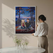 10 Reasons It’s Always Been You personalized couple portrait word search canvas of two front-facing people sitting together under string lights by the water, with 10 custom words circled in the grid and their names displayed at the bottom — LOVECOUPLET