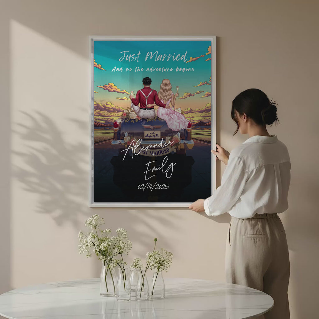The Adventure Begins personalized wedding couple canvas of two people sitting on the back of a flower-decorated vintage car at sunset, with custom names, wedding date, initials on the license plate, and personalized characters — LOVECOUPLET