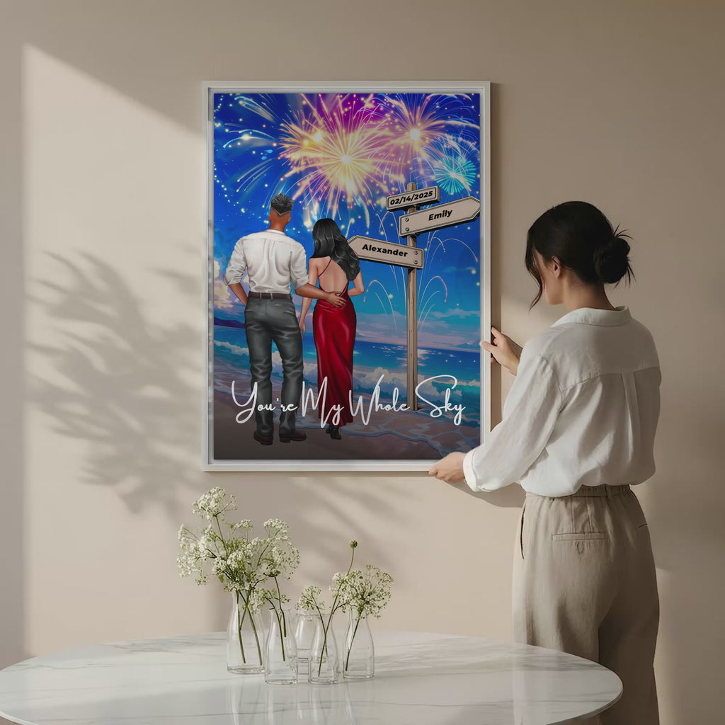 You’re My Whole Sky personalized couple canvas of two people standing together on a beach under fireworks, with a custom quote, names and date on a wooden signpost, and personalized characters — LOVECOUPLET