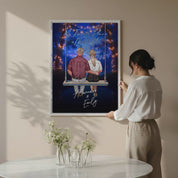 My Favorite Place personalized couple canvas of two people sitting together on a swing under string lights at night, with a custom romantic quote above them and handwritten names displayed below — LOVECOUPLET