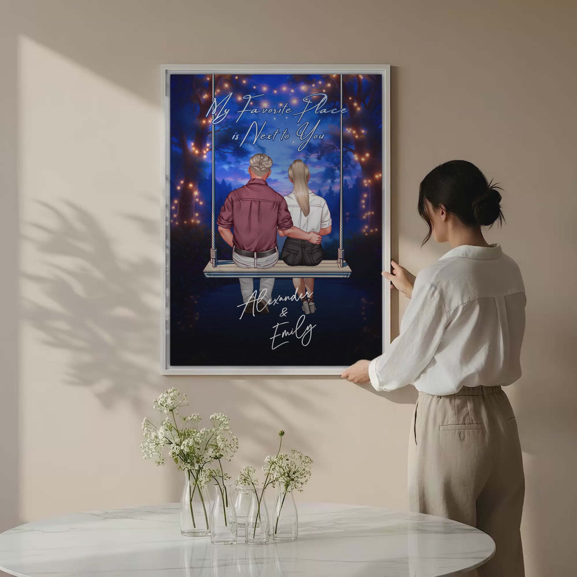 My Favorite Place personalized couple canvas of two people sitting together on a swing under string lights at night, with a custom romantic quote above them and handwritten names displayed below — LOVECOUPLET