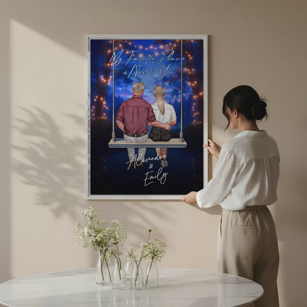 My Favorite Place personalized couple canvas of two people sitting together on a swing under string lights at night, with a custom romantic quote above them and handwritten names displayed below — LOVECOUPLET