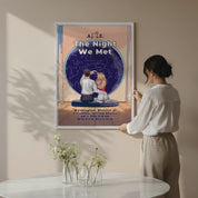 Personalized couple star map canvas of two people sitting together by a window under the night sky, with a custom star map based on their location, date and time, plus optional location name, date and GPS coordinates — LOVECOUPLET