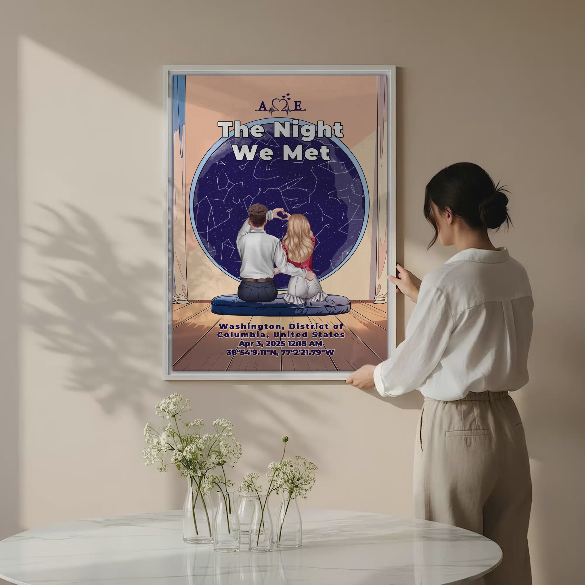 Personalized couple star map canvas of two people sitting together by a window under the night sky, with a custom star map based on their location, date and time, plus optional location name, date and GPS coordinates — LOVECOUPLET