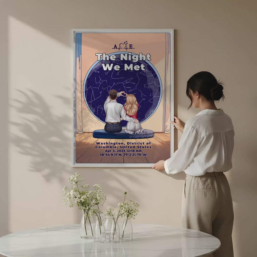 Personalized couple star map canvas of two people sitting together by a window under the night sky, with a custom star map based on their location, date and time, plus optional location name, date and GPS coordinates — LOVECOUPLET
