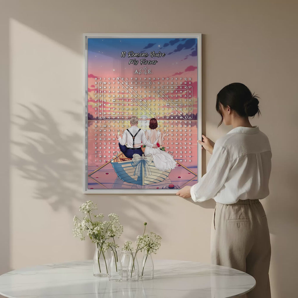 Personalized wedding word search canvas with a bride and groom holding champagne in a bow-decorated rowboat at sunset, custom circled words and heartbeat monogram initials above the grid — LOVECOUPLET