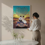 Personalized wedding canvas of a bride and groom on a flower-adorned vintage car with custom lyrics shaped into a heart above them, initials monogrammed on the license plate, and an open road stretching into a golden sunset — LOVECOUPLET