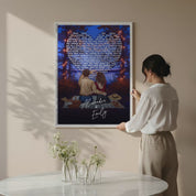 Our Song Under the Stars personalized couple canvas of two people sitting together by the water at night under glowing string lights, with custom lyrics shaped into a heart above them and handwritten names displayed at the bottom — LOVECOUPLET