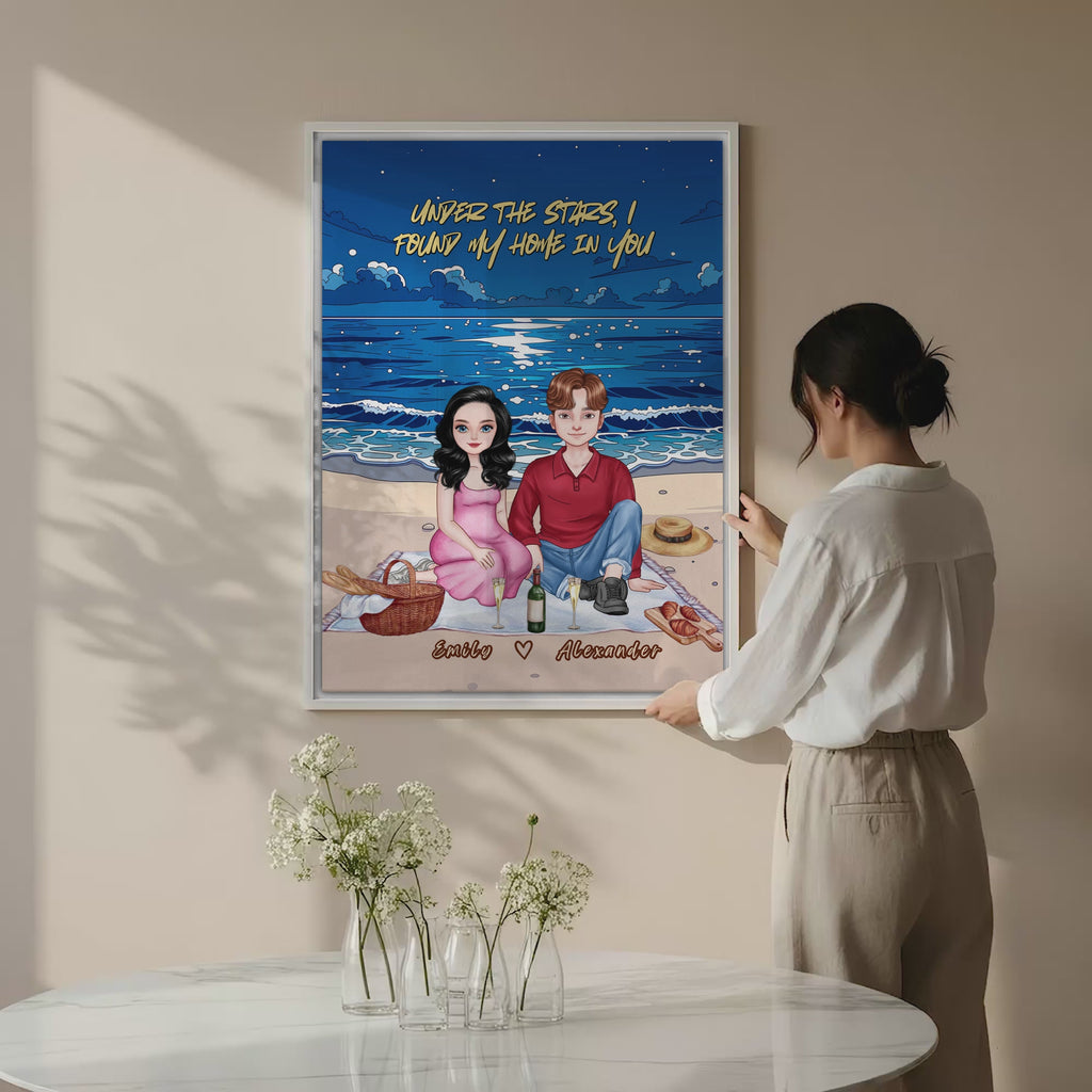 Personalized couple portrait canvas of two front-facing people sitting together on a beach picnic blanket under the stars, with customizable facial features, adult and senior couple options — LOVECOUPLET