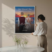 Our Special Day personalized wedding couple canvas of two people standing together on a beach at sunset, with a custom title, subtitle, handwritten names, wedding date, and personalized characters — LOVECOUPLET