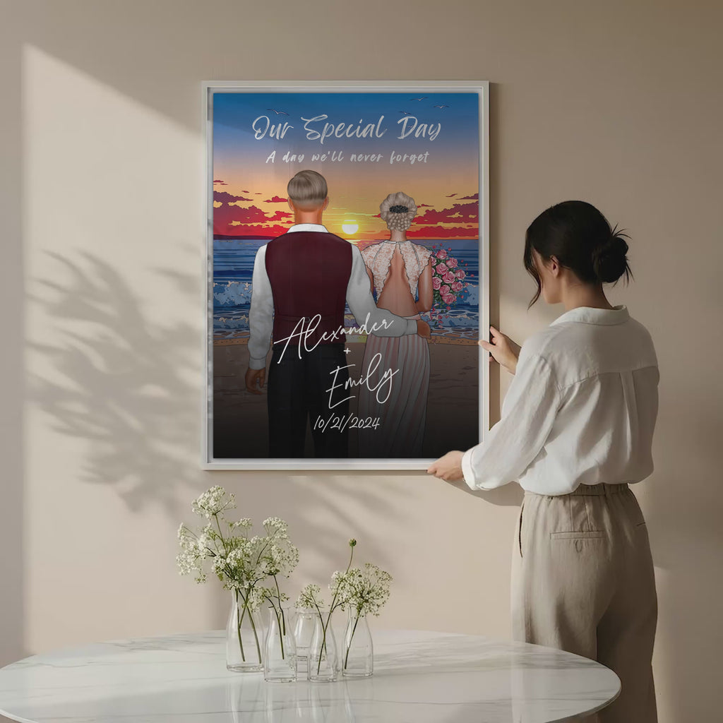 Our Special Day personalized wedding couple canvas of two people standing together on a beach at sunset, with a custom title, subtitle, handwritten names, wedding date, and personalized characters — LOVECOUPLET
