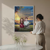 All Along It Was You personalized couple portrait canvas of two front-facing people sitting together in a golden meadow at sunset, with custom lyrics shaped into a heart above them and their names displayed at the bottom — LOVECOUPLET