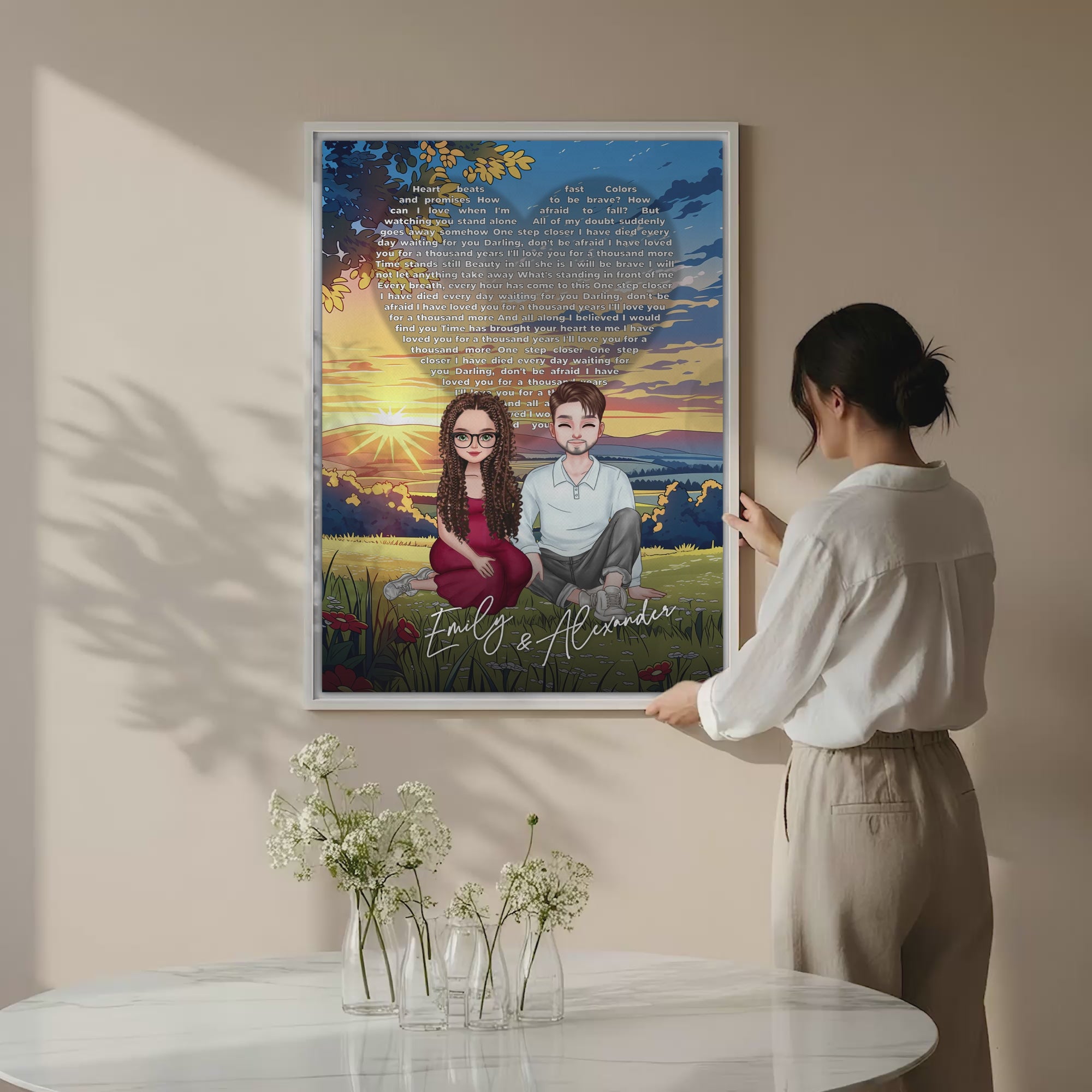 All Along It Was You personalized couple portrait canvas of two front-facing people sitting together in a golden meadow at sunset, with custom lyrics shaped into a heart above them and their names displayed at the bottom — LOVECOUPLET