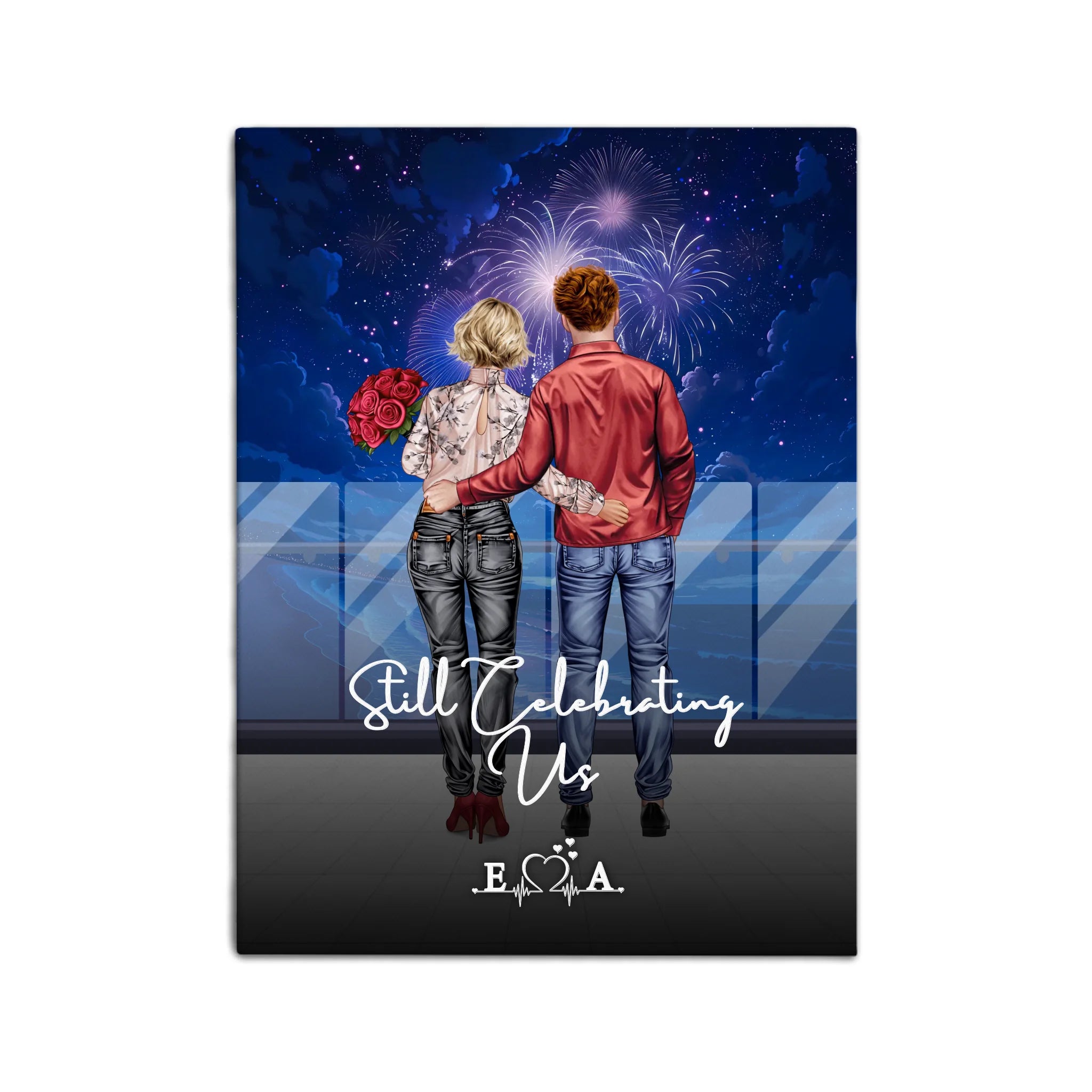 Still Celebrating Us personalized couple canvas of two people standing together on a balcony watching fireworks over the ocean, with a custom quote and heartbeat initials monogram below — LOVECOUPLET