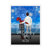 Still Celebrating Us personalized couple framed canvas of two people standing together on a balcony watching fireworks over the ocean, with a custom quote and heartbeat initials monogram below — LOVECOUPLET