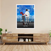 Still Celebrating Us personalized couple framed canvas of two people standing together on a balcony watching fireworks over the ocean, with a custom quote and heartbeat initials monogram below — LOVECOUPLET