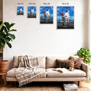 Still Celebrating Us personalized couple framed canvas of two people standing together on a balcony watching fireworks over the ocean, with a custom quote and heartbeat initials monogram below — LOVECOUPLET